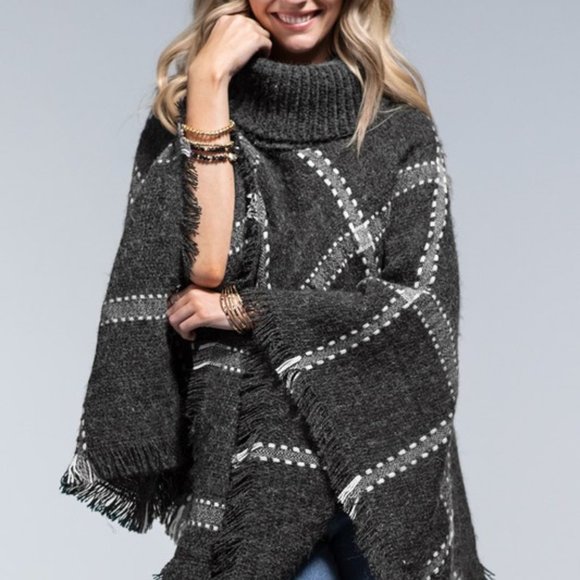 Last 1! NWT Plaid Turtleneck Poncho with frayed Hem - Picture 2 of 5